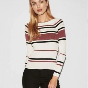 Express Striped Ribbed Sweater - White and Mauve Pink Size Small